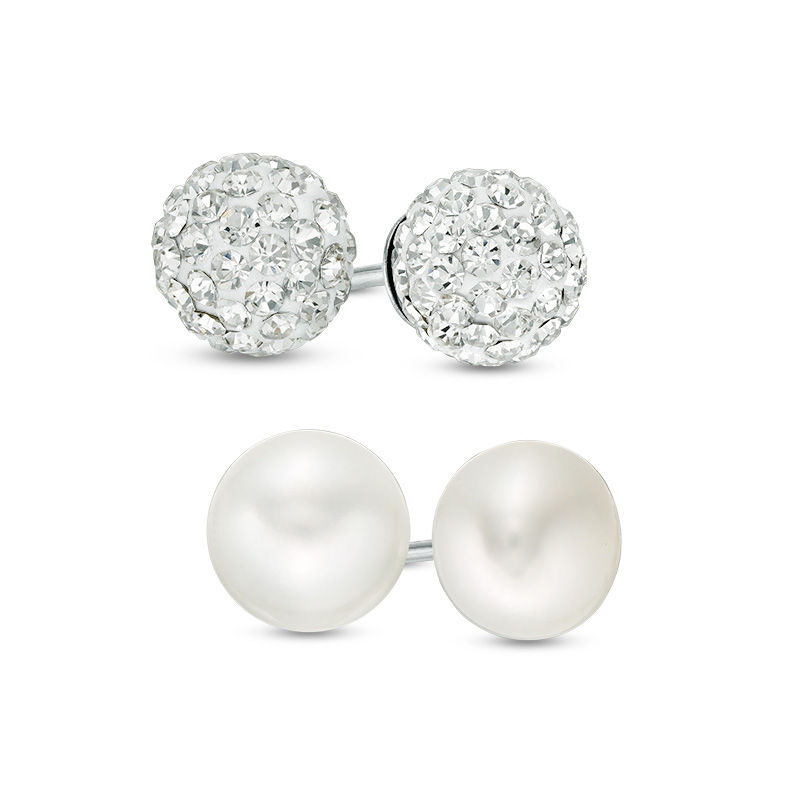 Main Image 1 of Honora 8 - 9mm Freshwater Cultured Pearl and Crystal Ball Stud Earrings Set in Sterling Silver