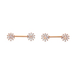 014 Gauge Baguette and Round Cubic Zirconia Flower Industrial Barbell Set in Solid Stainless Steel and Brass with Rose IP