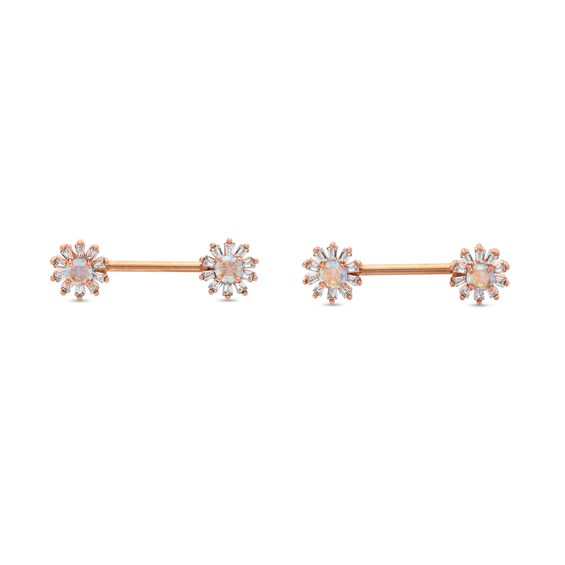 Rose Ion Plated Baguette and Round CZ Flower Industrial Barbell Set - 14G