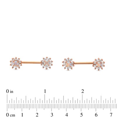 Rose Ion Plated Baguette and Round CZ Flower Industrial Barbell Set - 14G