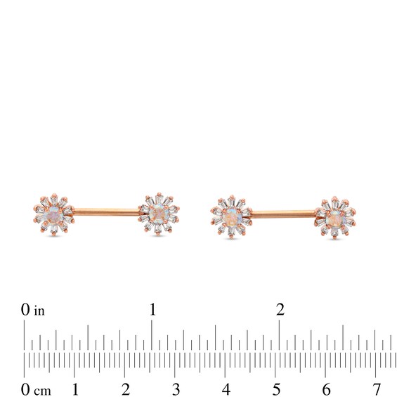 Rose Ion Plated Baguette and Round CZ Flower Industrial Barbell Set - 14G