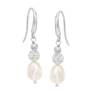 Honora 8 - 9mm Oval Freshwater Cultured Pearl and Crystal Ball Drop Earrings in Sterling Silver