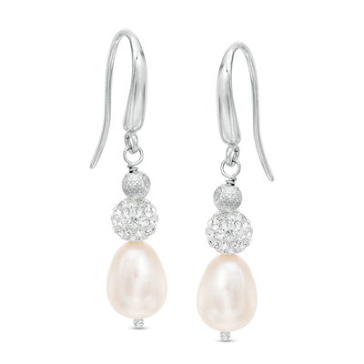 Honora 8 - 9mm Oval Freshwater Cultured Pearl and Crystal Ball Drop Earrings in Sterling Silver