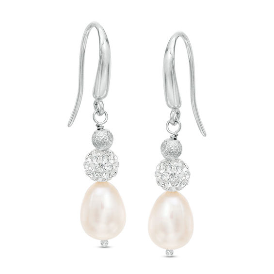 Honora 8 - 9mm Oval Cultured Freshwater Pearl and Crystal Ball Drop Earrings in Sterling Silver