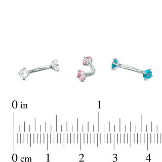 016 Gauge 3mm Blue, Pink and White Cubic Zirconia Cartilage Barbell Set in Stainless Steel