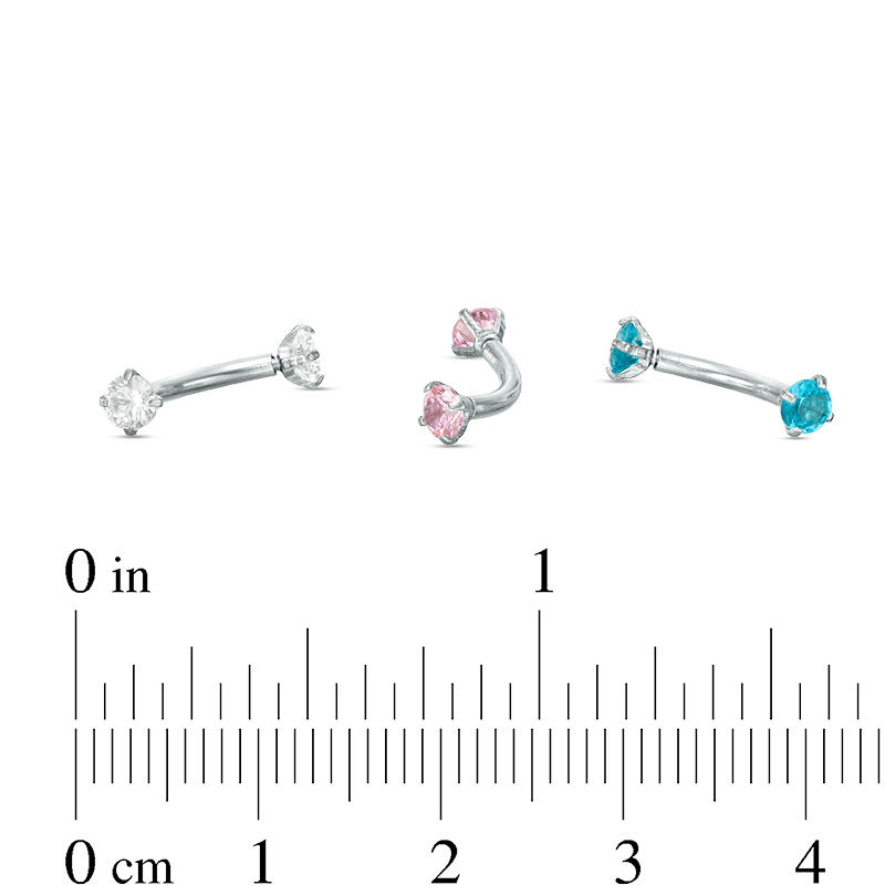 016 Gauge 3mm Blue, Pink and White Cubic Zirconia Cartilage Barbell Set in Stainless Steel