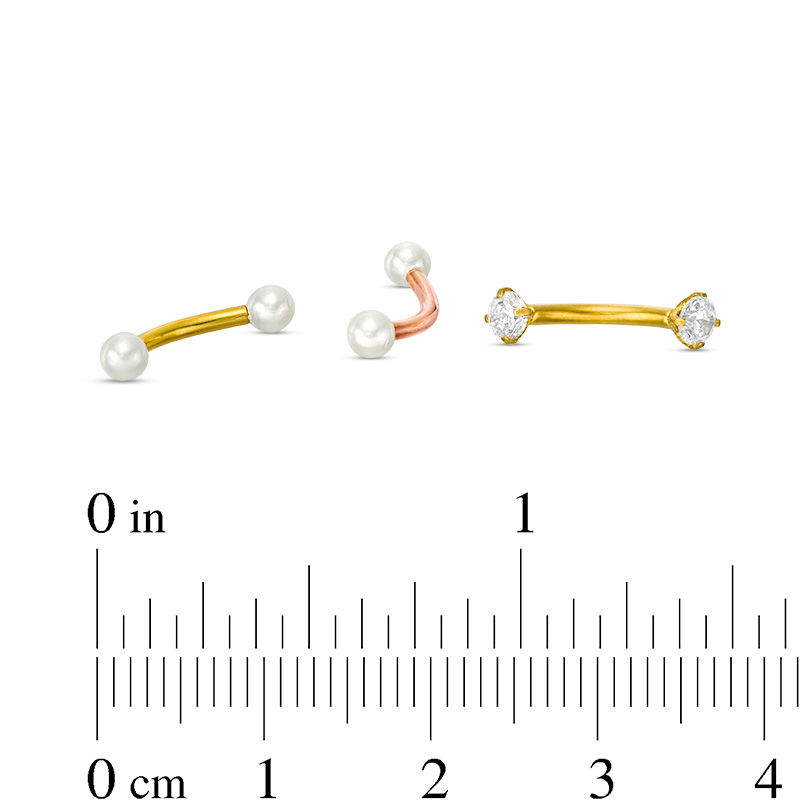 Main Image 2 of 016 Gauge 3mm Simulated Pearl and Cubic Zirconia Cartilage Barbell Set in Stainless Steel with Yellow and Rose IP