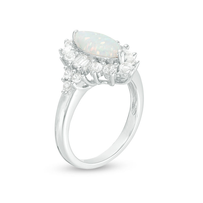 Marquise Lab-Created Opal and White Sapphire Starburst Frame Ring in Sterling Silver - Size 7