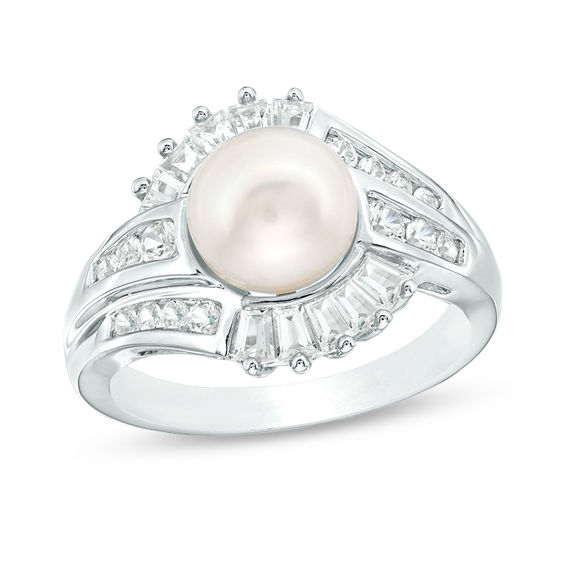 8.0mm Button Cultured Freshwater Pearl and Lab-Created White Sapphire Double Row Bypass Ring in Sterling Silver - Size 7