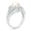 8.0mm Button Cultured Freshwater Pearl and Lab-Created White Sapphire Double Row Bypass Ring in Sterling Silver - Size 7