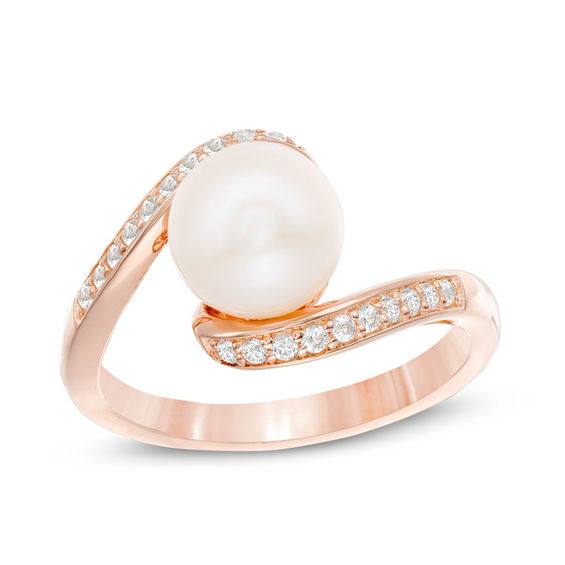 8.0mm Cultured Freshwater Pearl and Lab-Created White Sapphire Swirl Bypass Ring in 10K Rose Gold