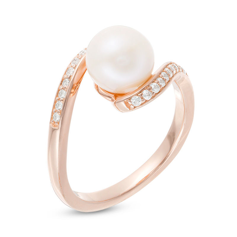 8.0mm Cultured Freshwater Pearl and Lab-Created White Sapphire Swirl Bypass Ring in 10K Rose Gold