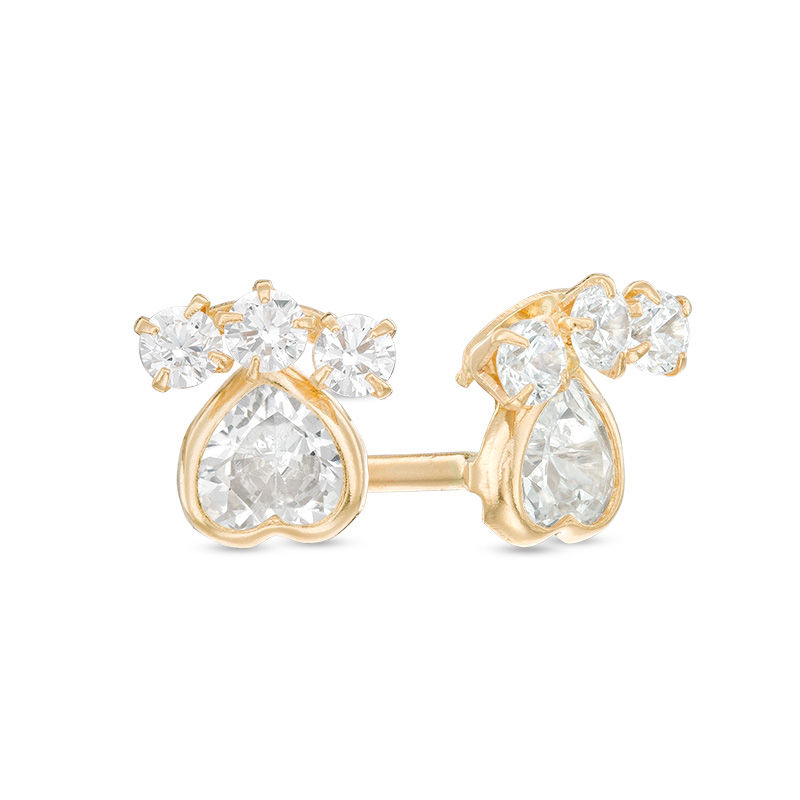 Child's 4mm Heart-Shaped Cubic Zirconia Paw Print Stud Earrings in 14K Gold