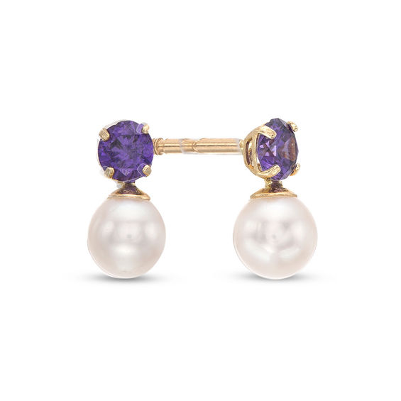 Child's 4mm Cultured Freshwater Pearl and Purple Cubic Zirconia Drop Earrings in 14K Gold
