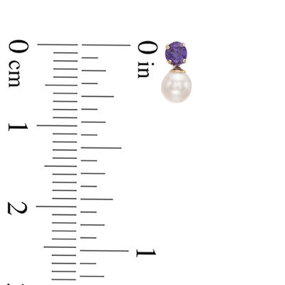 Child's 4mm Freshwater Cultured Pearl and Purple Cubic Zirconia Drop Earrings in 14K Gold