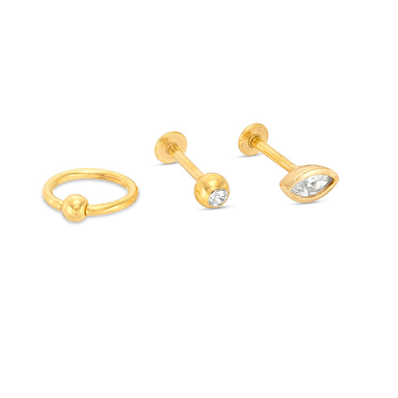 016 Gauge Marquise Cubic Zirconia and Crystal Cartilage Barbell and Hoop Set in Stainless Steel with Yellow IP