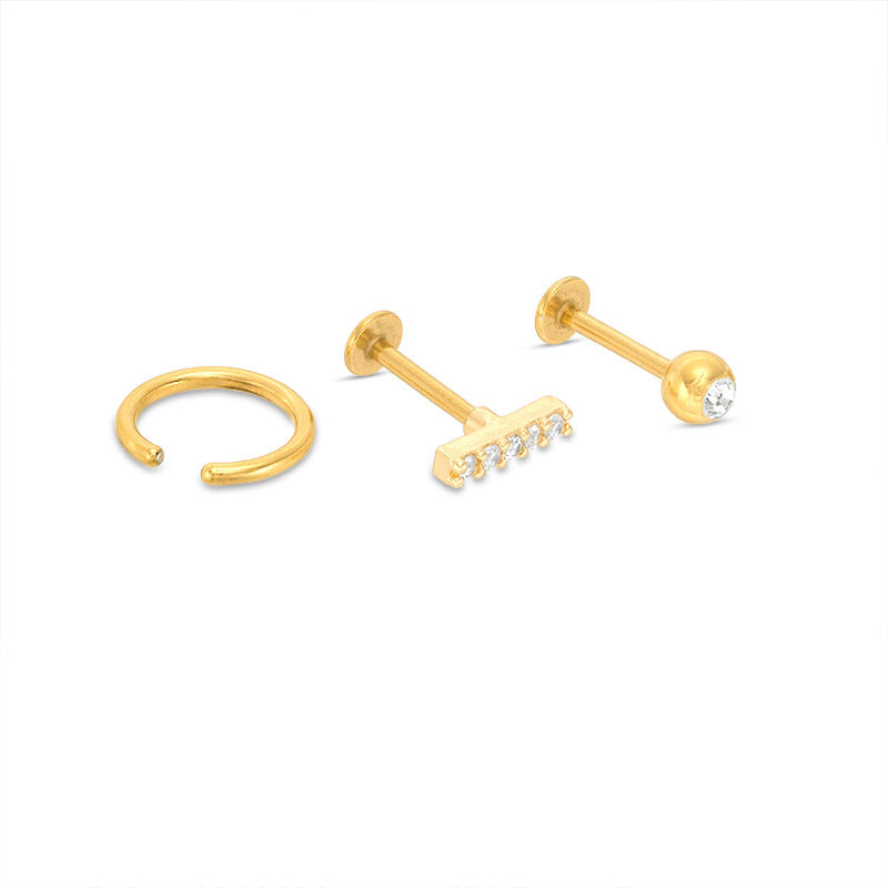 Main Image 1 of 016 Gauge Cubic Zirconia and Crystal Cartilage Barbell and Hoop Set in Stainless Steel with Yellow IP