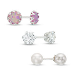 Child's 5mm Simulated Pink Opal, Pearl and Cubic Zirconia Stud Earrings Set in Sterling Silver
