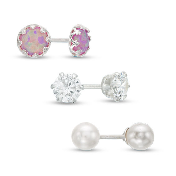 Child's 5mm Simulated Pink Opal, Pearl and Cubic Zirconia Stud Earrings Set in Sterling Silver