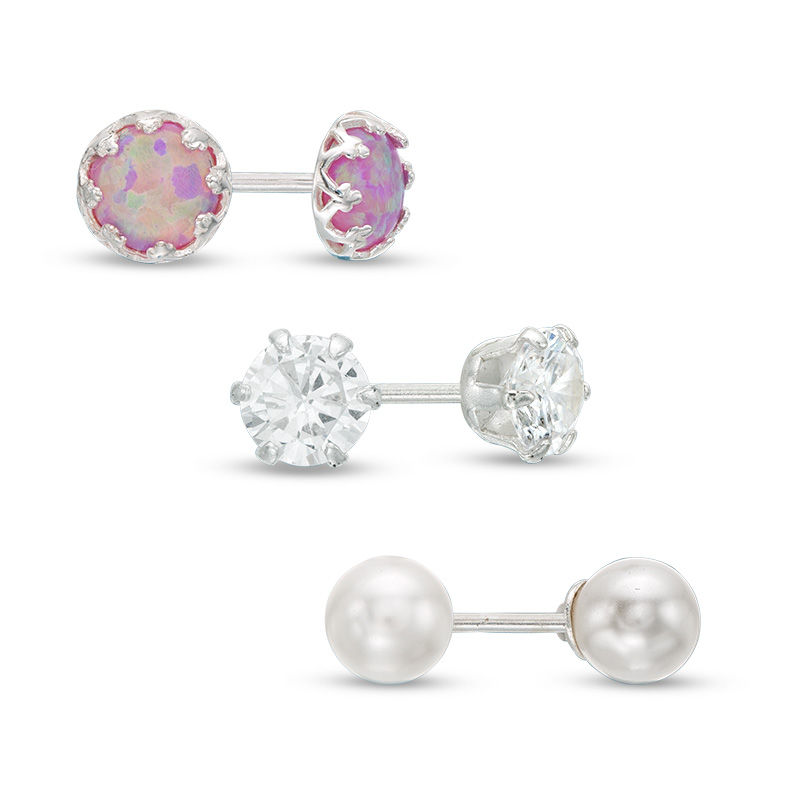 Main Image 1 of Child's 5mm Simulated Pink Opal, Pearl and Cubic Zirconia Stud Earrings Set in Sterling Silver