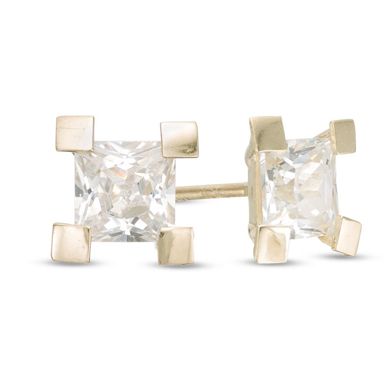 Main Image 1 of 4mm Princess-Cut Cubic Zirconia Solitaire Square-Prong Stud Earrings in 10K Gold