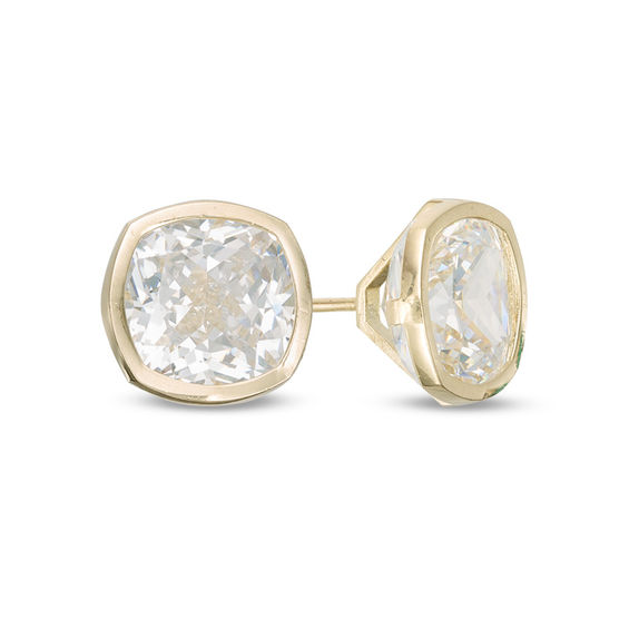 8mm Cushion-Cut Cubic Zirconia Bezel-Set Stud Earrings in 10K Gold