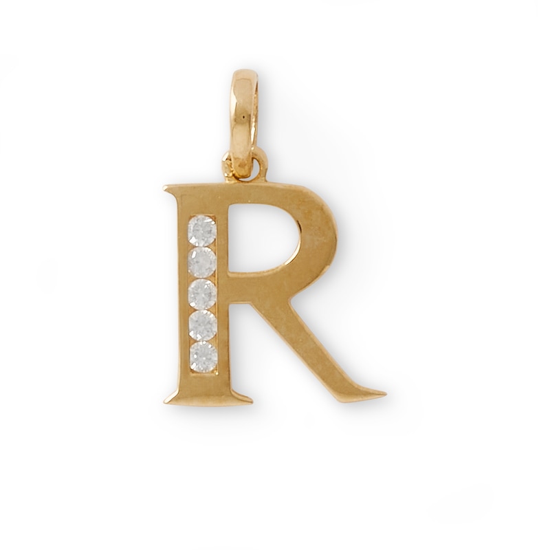 Cubic Zirconia "R" Initial Charm Pendant in 10K Solid Gold