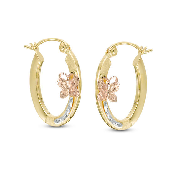 Diamond-Cut Butterfly Oval Hoop Earrings in 10K Tri-Tone Gold