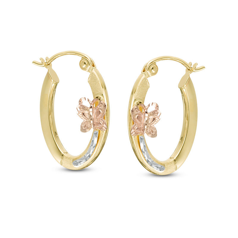 Main Image 1 of Diamond-Cut Butterfly Oval Hoop Earrings in 10K Tri-Tone Gold