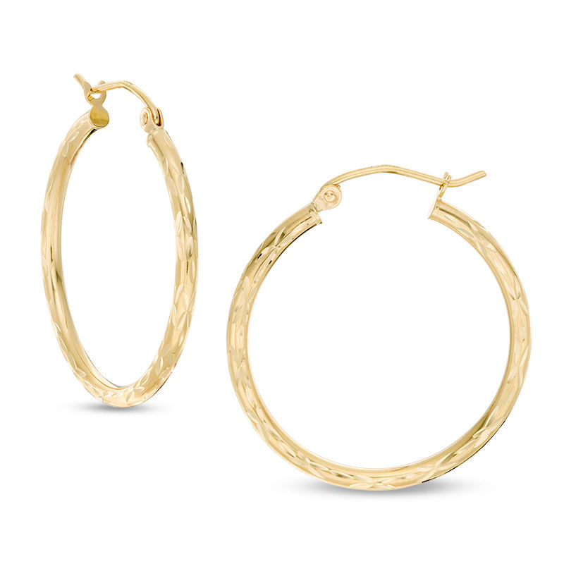 Main Image 1 of 27mm Diamond-Cut Tube Hoop Earrings in 14K Gold