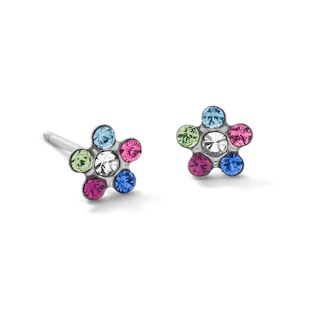 Multi-Color Crystal Daisy Stud Piercing Earrings in 14K Solid White Gold