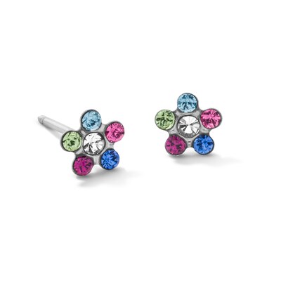 Multi-Color Crystal Daisy Stud Piercing Earrings in 14K Solid White Gold