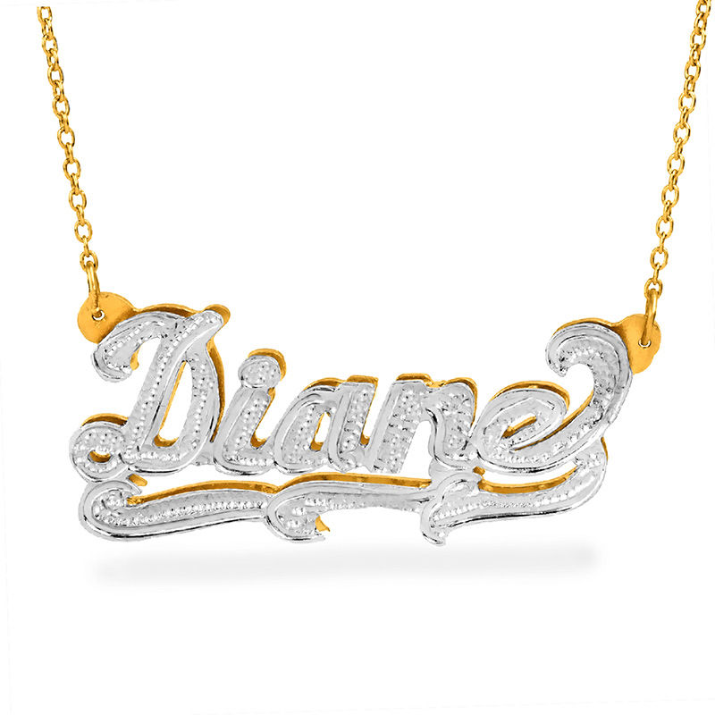 Main Image 1 of Script Name and Beaded Triple Scroll Necklace in Sterling Silver and 14K Gold Plate (1 Line)