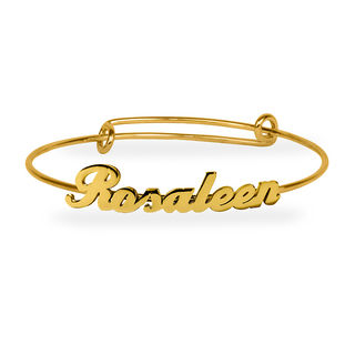 Script Name Adjustable Bangle in Brass with 14K Gold Plate (1 Line)