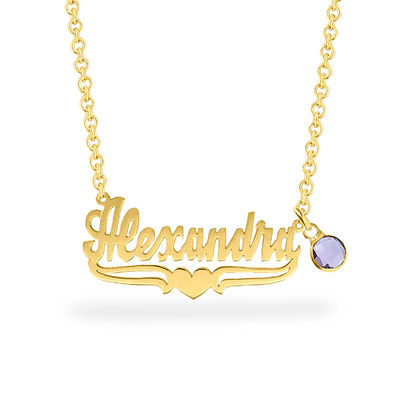 Simulated Birthstone Charm Name Necklace with Heart Accent in Sterling Silver with 14K Gold Plate (1 Stone and Name)