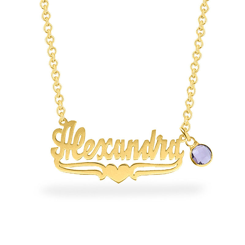 Simulated Birthstone Charm Name Necklace with Heart Accent in Sterling Silver with 14K Gold Plate (1 Stone and Name)