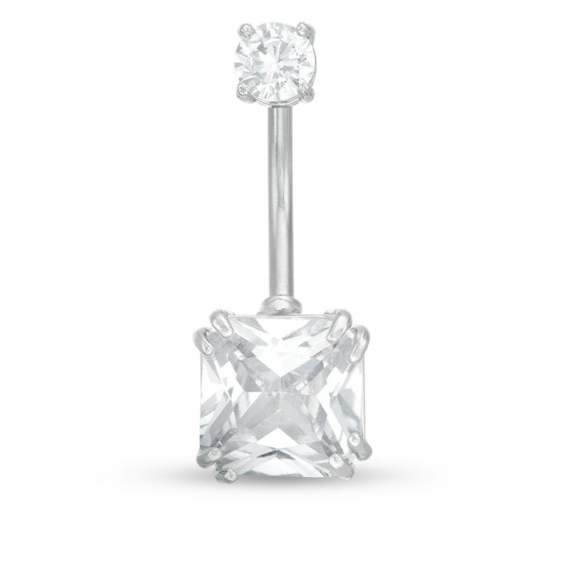 Main Image 1 of 014 Gauge Asscher-Cut Cubic Zirconia Belly Button Ring in Stainless Steel