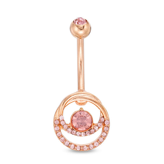 014 Gauge Pink Crystal and Cubic Zirconia Double Circle Belly Button Ring in Stainless Steel with Rose-Tone IP