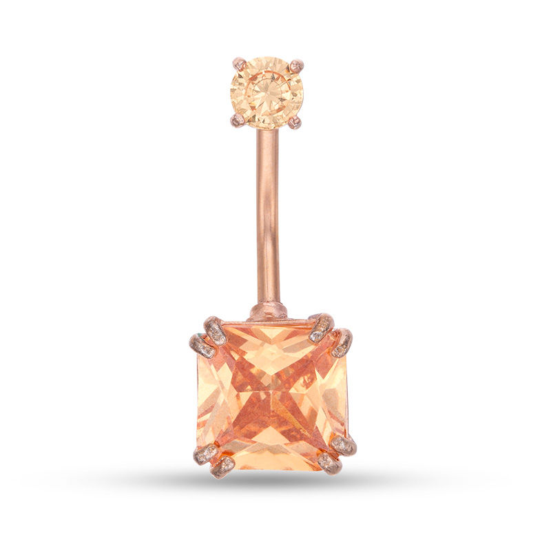 014 Gauge Fancy Square Champagne Cubic Zirconia Belly Button Ring in Stainless Steel with Rose IP