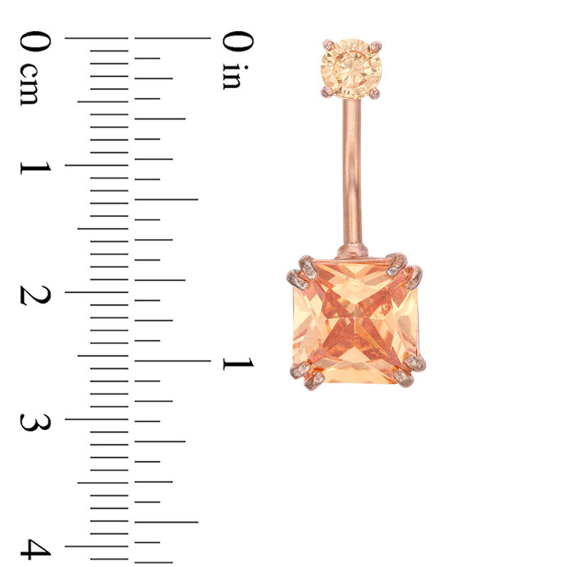 014 Gauge Fancy Square Champagne Cubic Zirconia Belly Button Ring in Stainless Steel with Rose IP