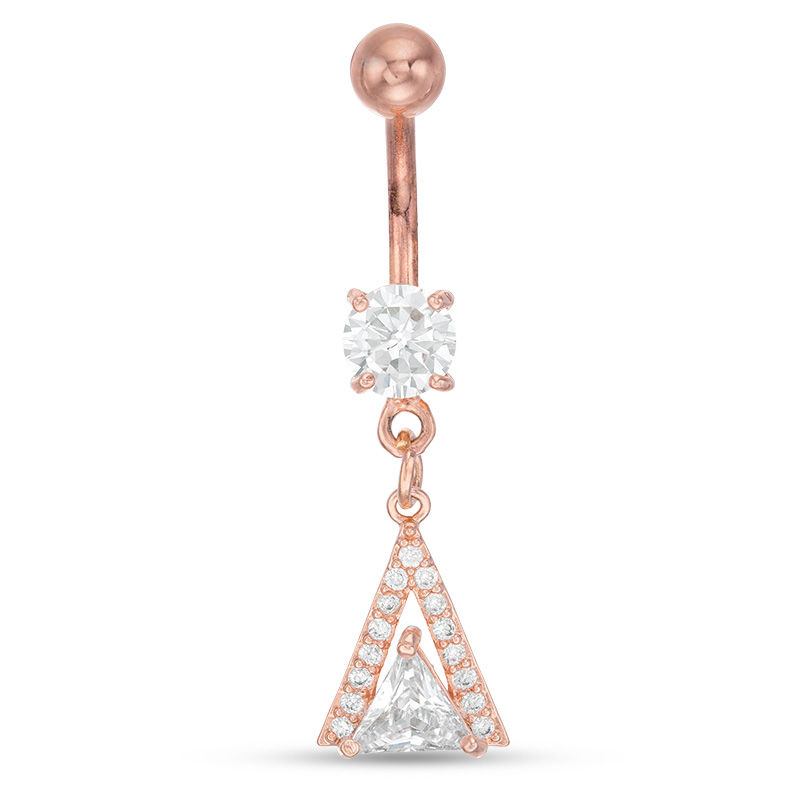 Rose Ion Plated CZ Trillion-Cut Frame Dangle Belly Button Ring - 14G