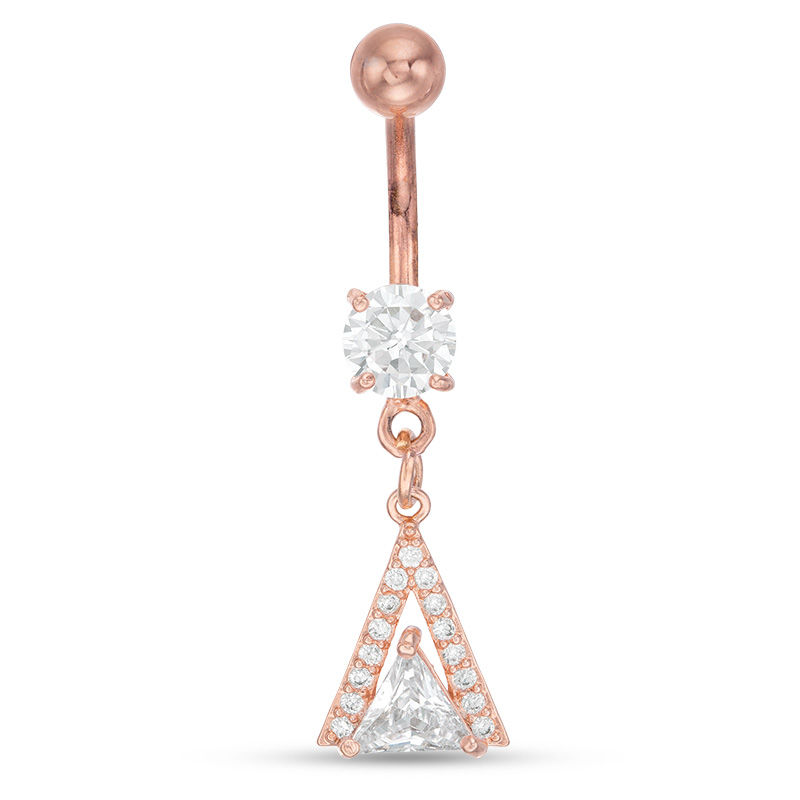 Main Image 1 of Rose Ion Plated CZ Trillion-Cut Frame Dangle Belly Button Ring - 14G