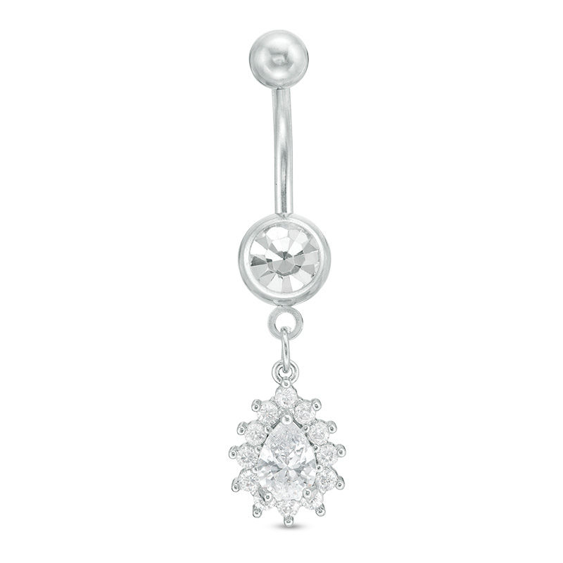 014 Gauge Pear-Shaped Cubic Zirconia and Crystal Frame Belly Button Ring in Stainless Steel and Brass