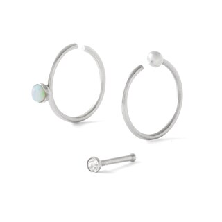 020 Gauge Simulated Opal and Cubic Zirconia Nose Stud and Ring Set in Stainless Steel