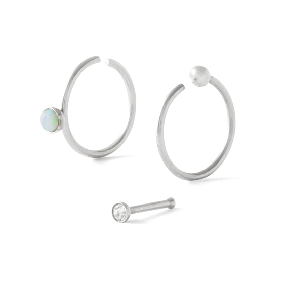 020 Gauge Simulated Opal and Cubic Zirconia Nose Stud and Ring Set in Stainless Steel