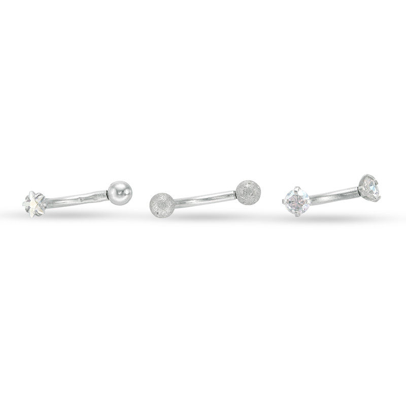 016 Gauge Iridescent Cubic Zirconia Star Multi-Finish Three Piece Curved Barbell Set in Solid Stainless Steel - 5/16"