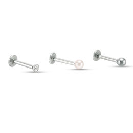 016 Gauge Simulated Pearl and Cubic Zirconia Three Piece Labret Set in Stainless Steel