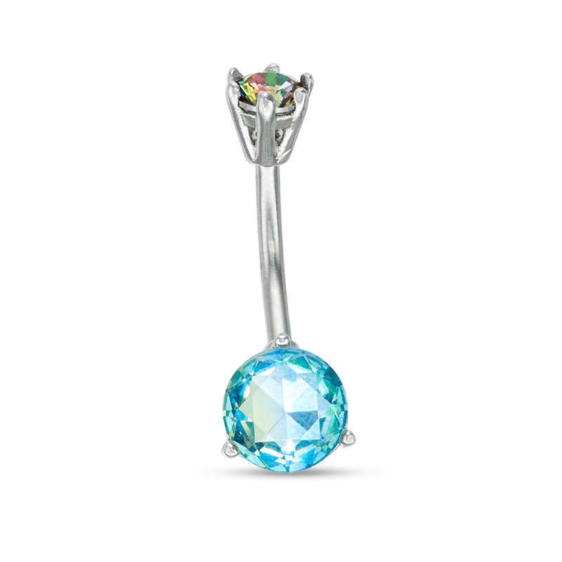 Main Image 1 of 014 Gauge Simulated Green Paraiba Tourmaline and Multi-Color Crystal Belly Button Ring in Stainless Steel