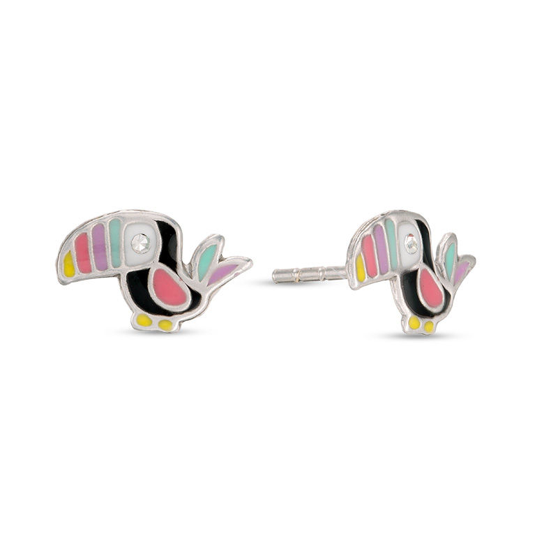 Main Image 1 of Child's Crystal and Multi-Color Enamel Toucan Stud Earrings in Sterling Silver