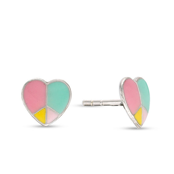 Child's Multi-Color Enamel Divided Heart Stud Earrings in Sterling Silver